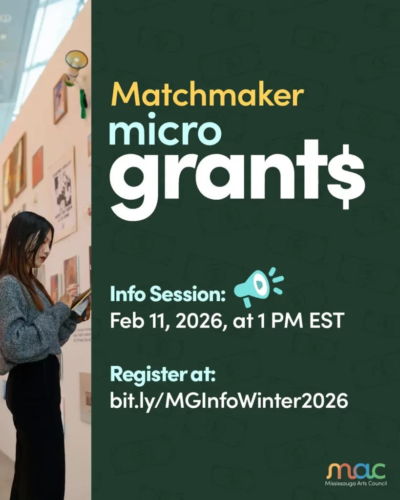 Graphic for the Matchmaker MicroGrant Information Session. On the first fifth of the graphic, there is an image of a women looking at a pamphlet and phone at a gallery. To the right, the text is white and light blue on a dark green with a dollar bill pattern, and reads "Matchmaker MicroGrants. Info Session: Feb 11, 2026, at 1 PM EST. Register at: bit.ly/MGInfoWinter2026." The MAC logo is in the bottom right.