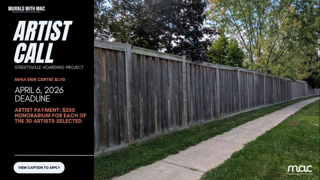 Artist call poster for the Murals with MAC Streetsville Hoarding Project, showing a fence and sidewalk. Text includes an April 6, 2026 deadline and $250 payment per artist.