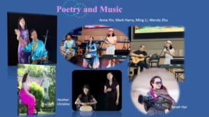 A collage titled "Poetry and Music" featuring several performers. Images show musicians playing guitar, handpan, and traditional string instruments, alongside poets speaking at microphones. Performers mentioned include Anna Yin, Heather Christine, and Sarah Hei.