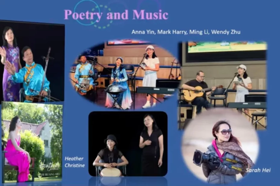 A collage titled "Poetry and Music" featuring several performers. Images show musicians playing guitar, handpan, and traditional string instruments, alongside poets speaking at microphones. Performers mentioned include Anna Yin, Heather Christine, and Sarah Hei.