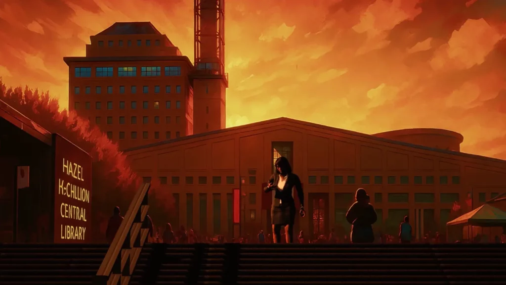 A stylized digital illustration of a city plaza at sunset, featuring the "Hazel McCallion Central Library" building. A woman in a business suit stands in the foreground against a vibrant orange and red sky.