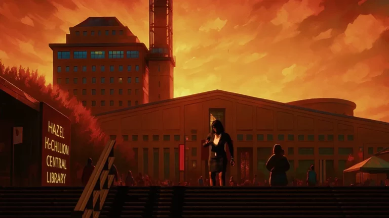 A stylized digital illustration of a city plaza at sunset, featuring the "Hazel McCallion Central Library" building. A woman in a business suit stands in the foreground against a vibrant orange and red sky.