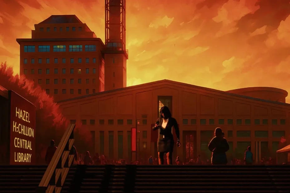 A stylized digital illustration of a city plaza at sunset, featuring the "Hazel McCallion Central Library" building. A woman in a business suit stands in the foreground against a vibrant orange and red sky.