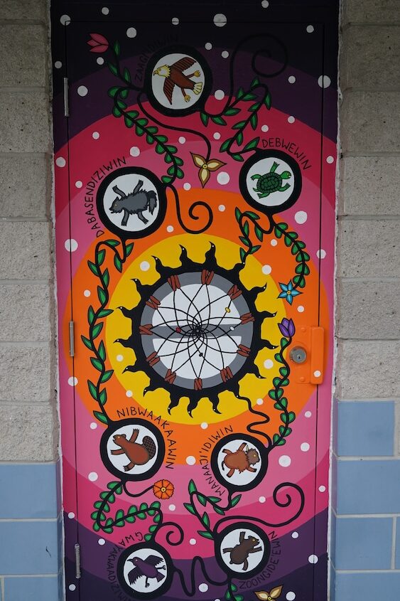A vinyl mural on a door. The mural depicts a dreamcattcher in the middle, surrounded by flower motifs. Within the flowers are images of animals like an eagle, beaver, and turtle, in an Indigenous art style.