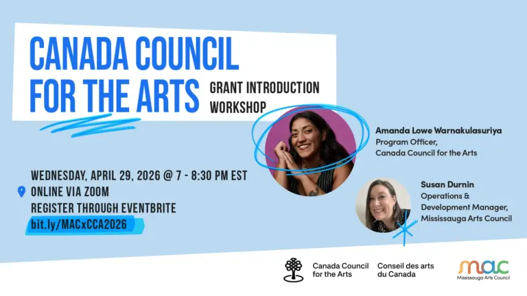 Graphic for a Grant Introduction Webinar with Canada Council for the Arts on Wednesday, April 29, 2026, at 7-8:30 PM with Amanda Lowe Warnakulasuriya and Susan Durnin.