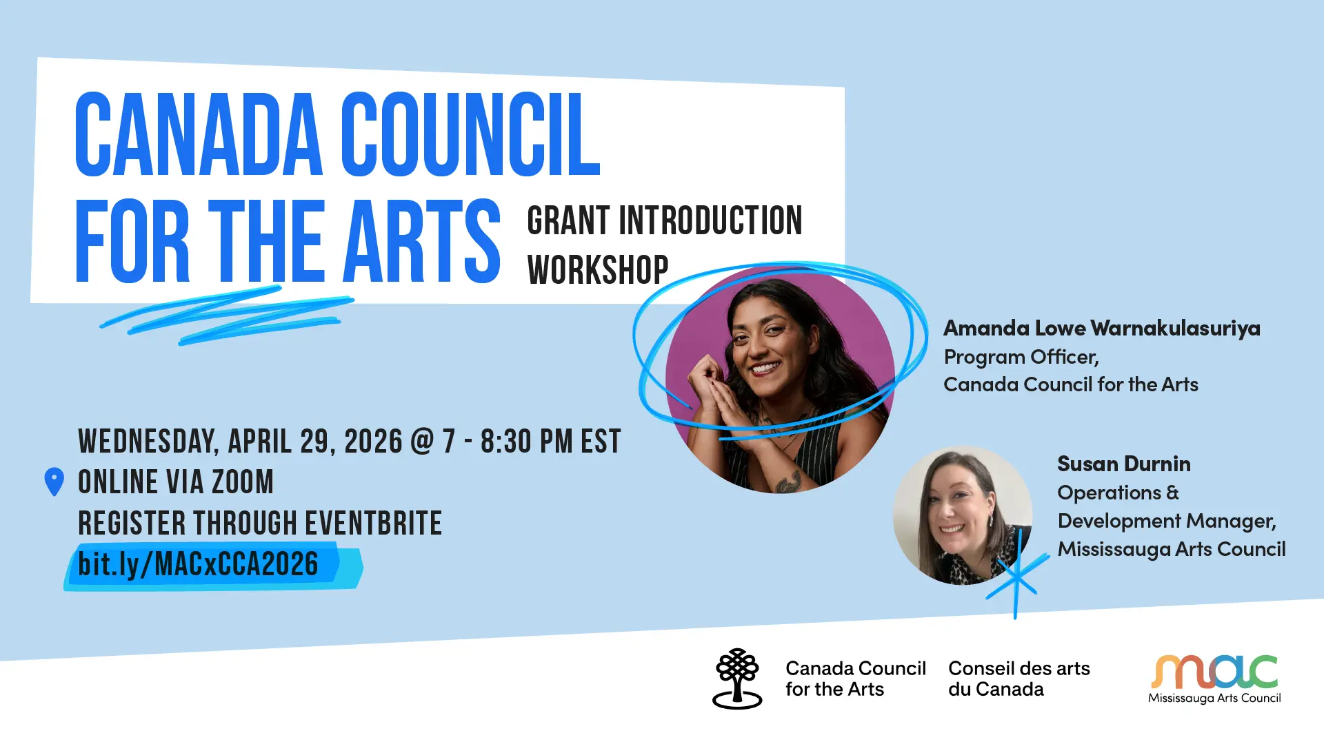 Graphic for a Grant Introduction Webinar with Canada Council for the Arts on Wednesday, April 29, 2026, at 7-8:30 PM with Amanda Lowe Warnakulasuriya and Susan Durnin.