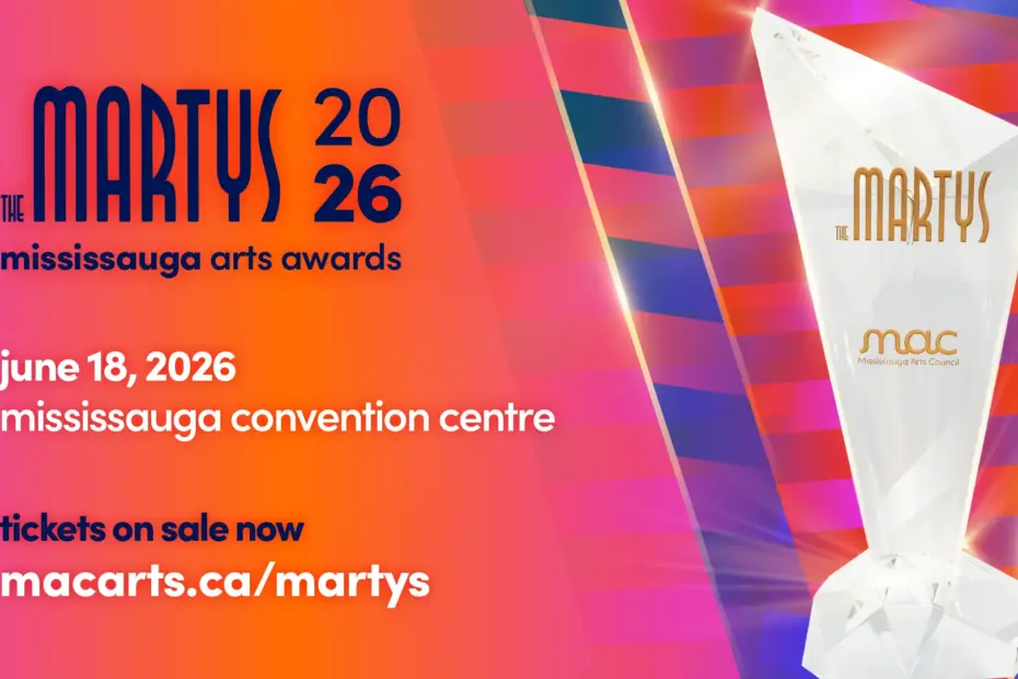 An event graphic for "THE MARTYS 2026 Mississauga Arts Awards," which will be held on June 18, 2026, at the Mississauga Convention Centre, with "tickets on sale now macarts.ca/martys" on the bottom-left. On the right, a faceted crystal trophy is displayed, showcasing "THE MARTYS" gold logo and a gold "Mississauga Arts Council" logo below it. The background displays an angular pattern in shades of red, pink, orange, purple, and blue.