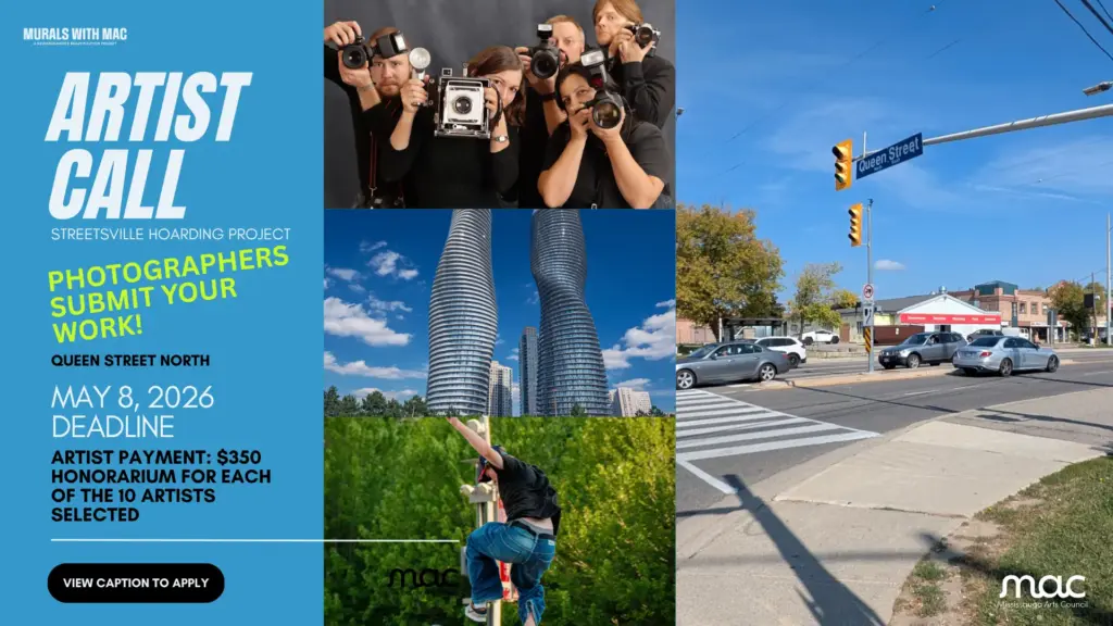 An "Artist Call" poster for the Streetsville Hoarding Project, specifically seeking photographers to submit work for Queen Street North. The image features a collage of photographers with cameras, the Absolute towers, and a person skateboarding. It lists a May 8, 2026 deadline and a $350 honorarium for 10 selected artists.