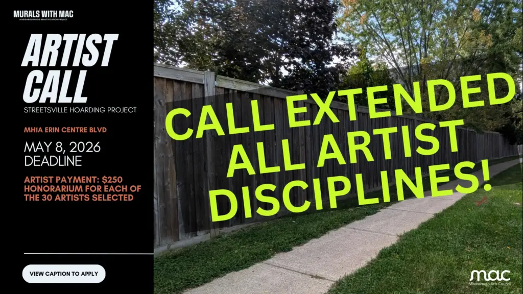 An "Artist Call" poster for the Streetsville Hoarding Project at MH1A Erin Centre Blvd. The text "CALL EXTENDED ALL ARTIST DISCIPLINES!" is layered over a photo of a long wooden fence and sidewalk. It lists a May 8, 2026 deadline and a $250 honorarium for 30 selected artists.