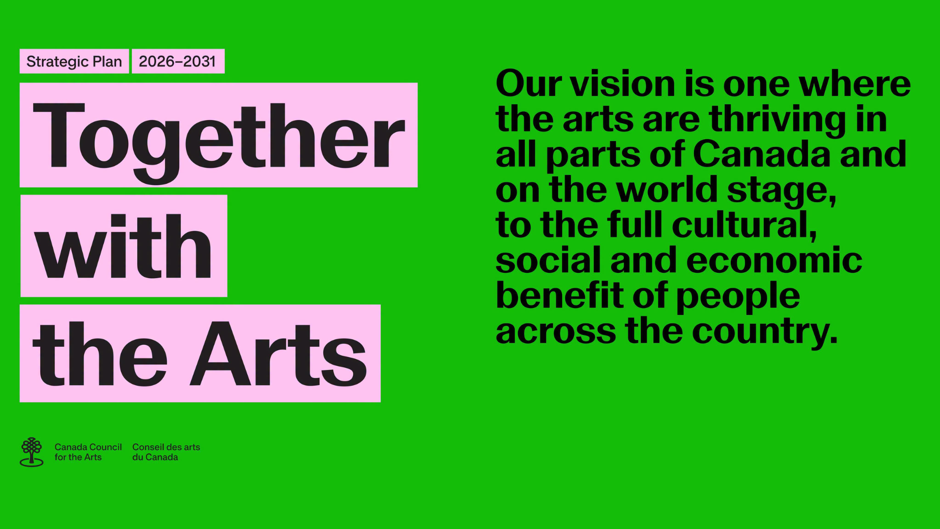 Canada Council for the Arts Strategic Plan 2026–2031 graphic. Features the title "Together with the Arts" in pink blocks against a green background, with their vision statement text detailing the cultural, social, and economic benefits of thriving arts across Canada.