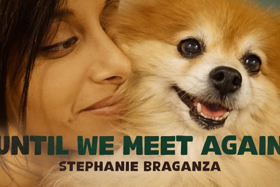 A close up shot of Stephanie Braganza, smiling with a Pomeranian. Text over the bottom of the image reads, "Until We Meet Again" and "Stephanie Braganza"