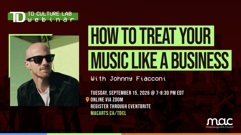 Event promotional graphic for a TD Culture Lab webinar titled "How to Treat Your Music Like a Business" with Johnny Fiacconi. Features a portrait of Johnny Fiacconi wearing sunglasses and event details: Tuesday, September 15, 2026, from 7:00 PM to 8:30 PM EDT, online via Zoom. Registration available through Eventbrite at macarts.ca/tdcl. Logos for TD and Mississauga Arts Council are included.