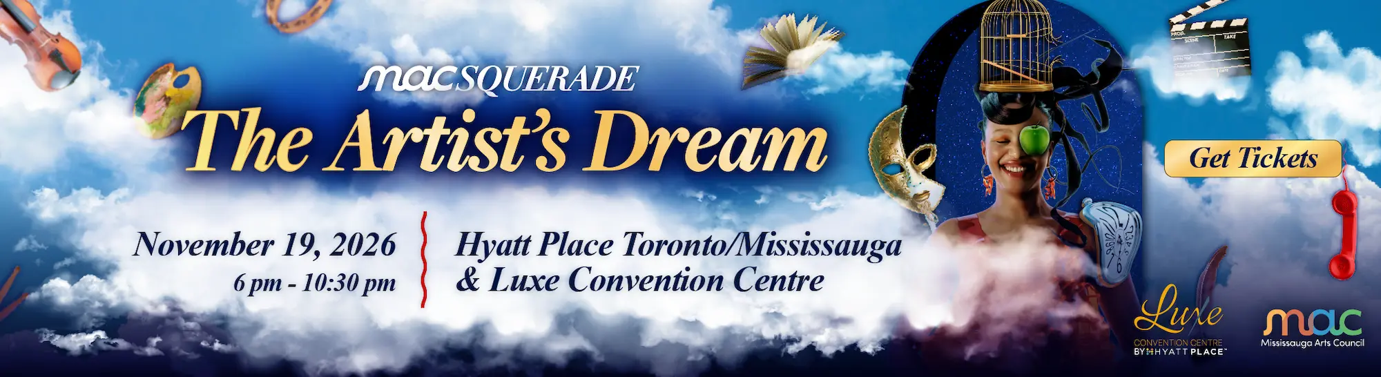 Event poster for "MACSQUERADE: The Artist’s Dream" hosted by Mississauga Arts Council. Date: November 19, 2026, from 6:00 PM to 10:30 PM at Hyatt Place Toronto/Mississauga & Luxe Convention Centre.