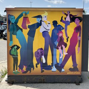 Vinyl-wrapped Alectra utility box featuring a bright and vibrant design by Bince. Against a solid yellow backdrop are a group of diverse figures, featuring exaggerated and elongated proportions.