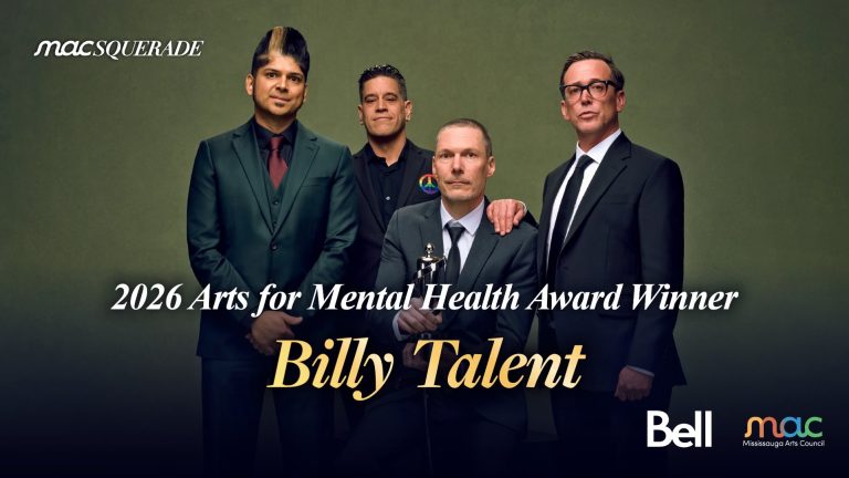 Promotional graphic announcing rock band Billy Talent as the 2026 Arts for Mental Health Award Winner. The four band members are dressed in formal suits against a green backdrop. Bell and Mississauga Arts Council (MAC) logos appear at the bottom.